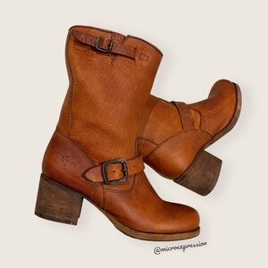 $369 Frye Vera Short Cognac Genuine Leather Buckle Moto Block Heel Riding Boots